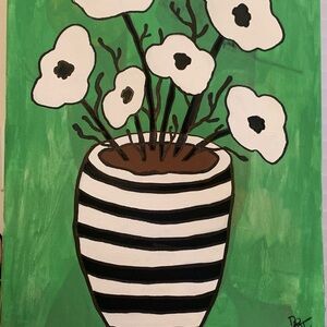 Art by me size 16x 20 Vase Floral Painting - White & Black Flowers on Green